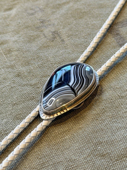 Banded Agate Bolo Tie — Black & White Stone, Silver Bezel