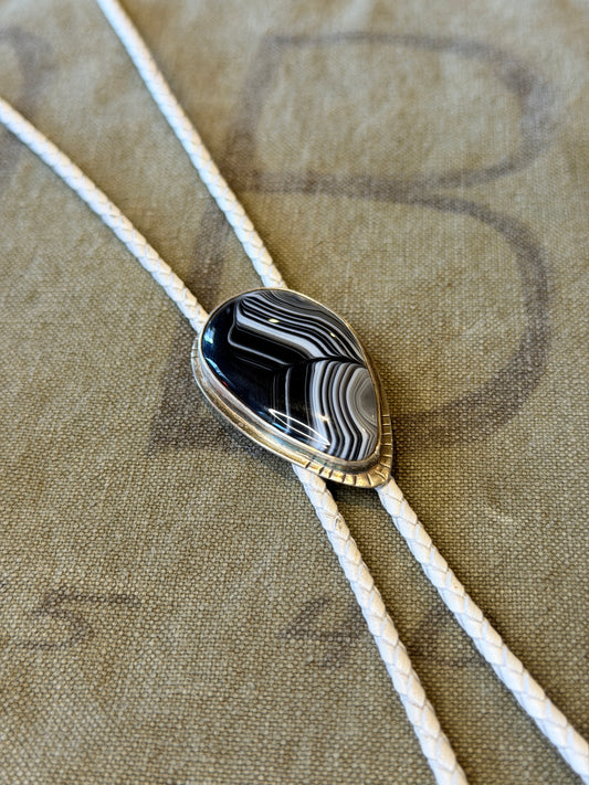 Banded Agate Bolo Tie — Black & White Stone, Silver Bezel