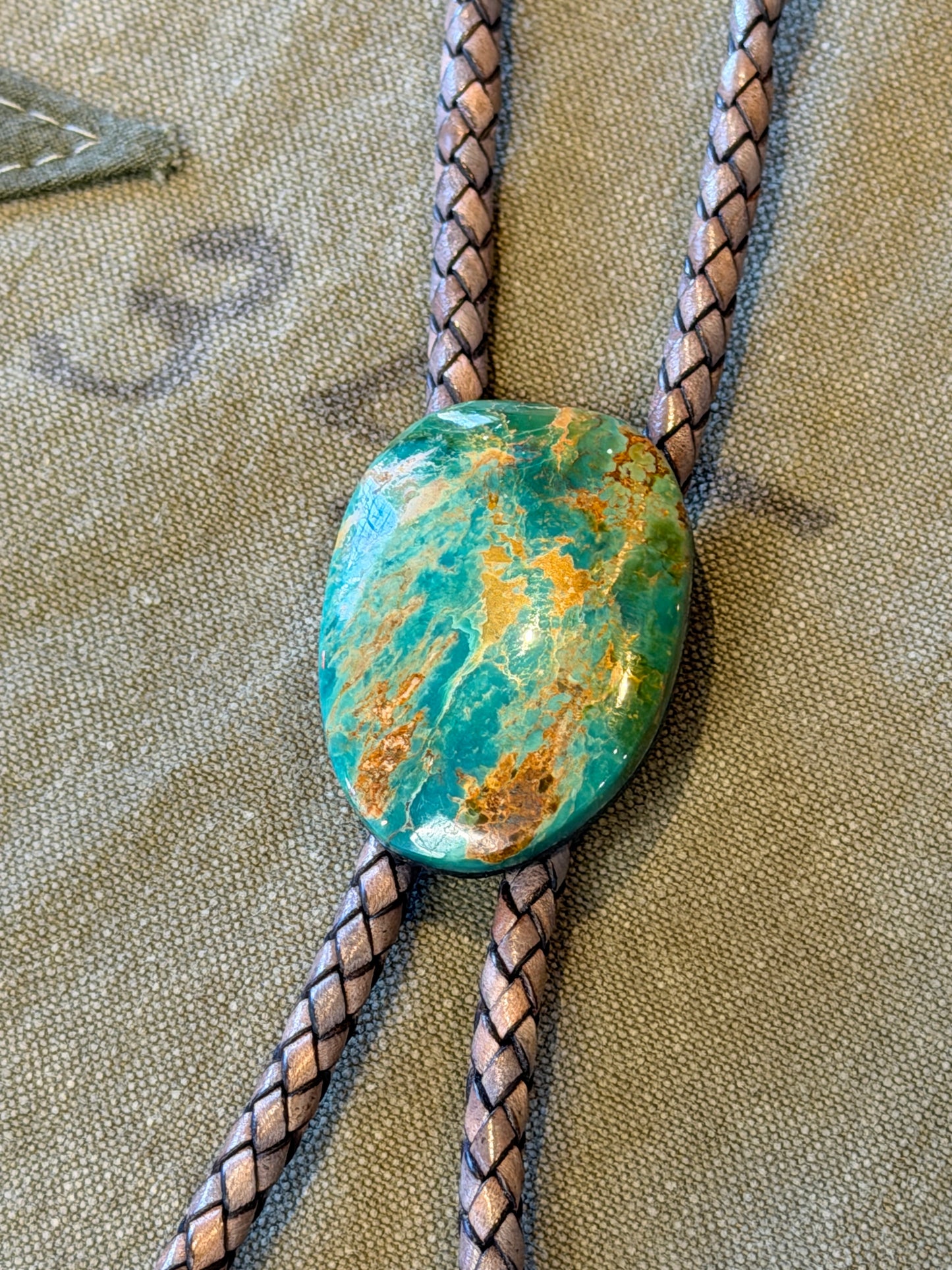 Turquoise Bolo Tie — Golden Matrix Cabochon, Braided Cord
