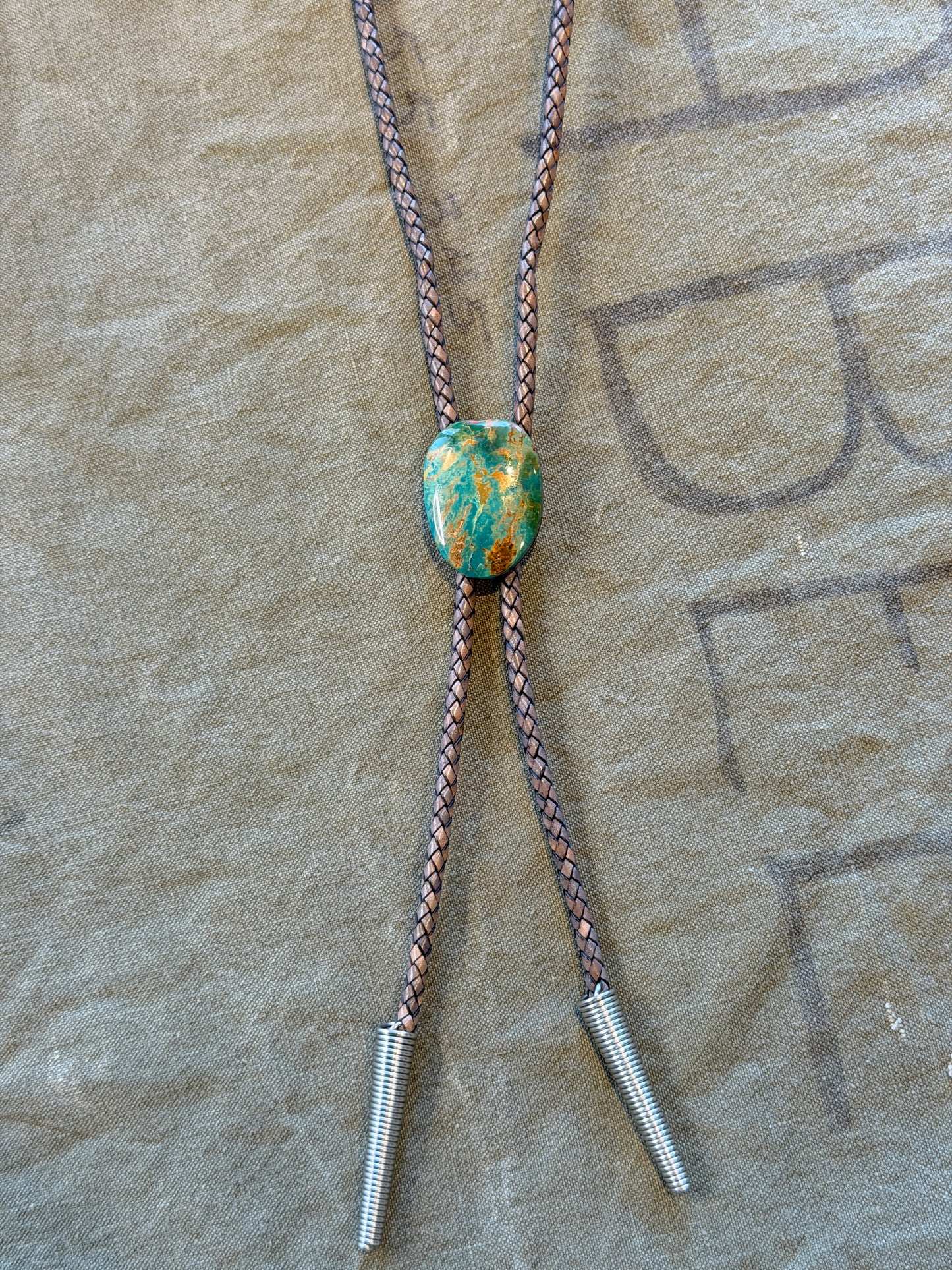 Turquoise Bolo Tie — Golden Matrix Cabochon, Braided Cord
