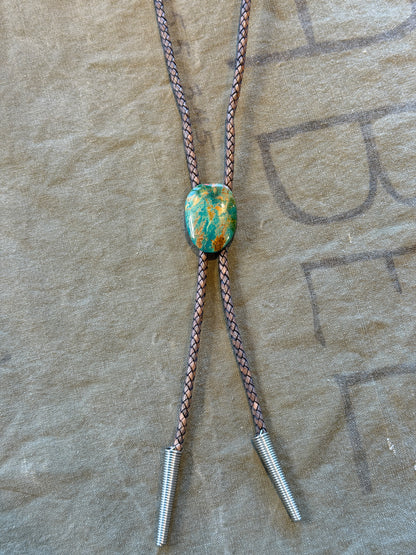 Turquoise Bolo Tie — Golden Matrix Cabochon, Braided Cord