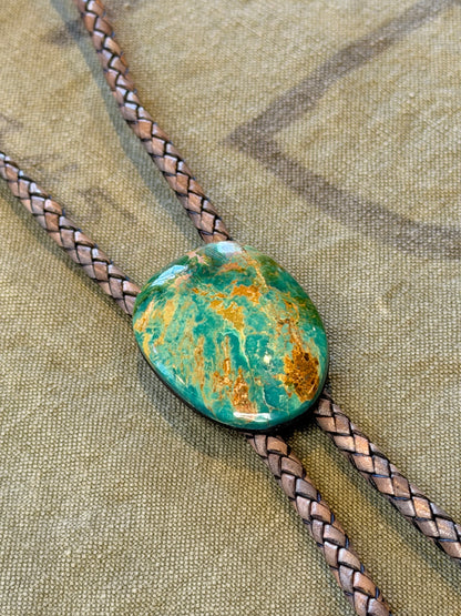 Turquoise Bolo Tie — Golden Matrix Cabochon, Braided Cord