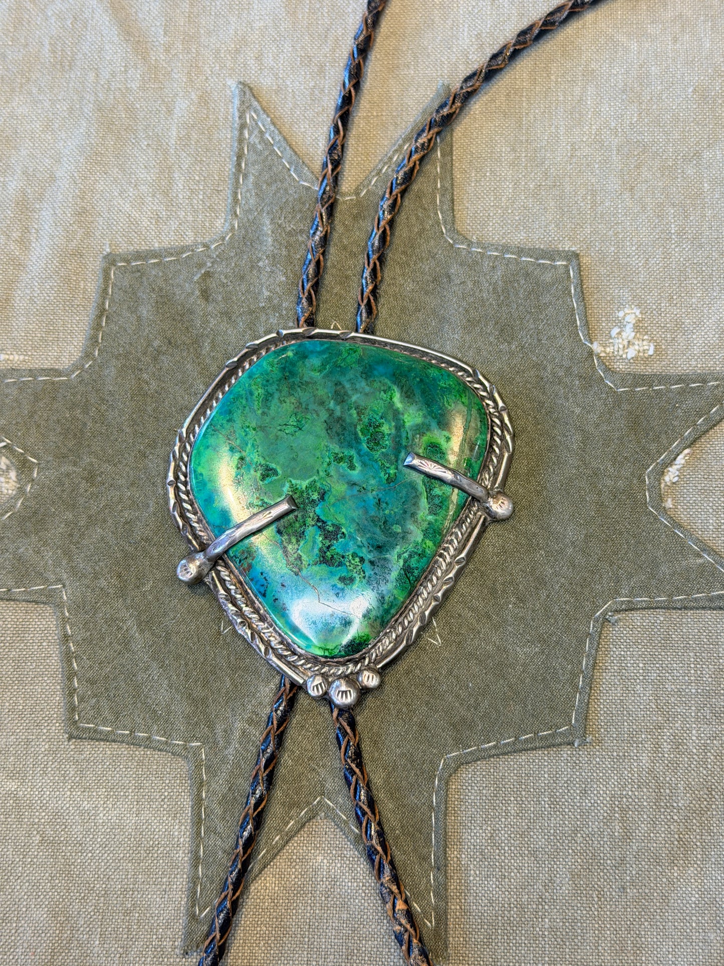 Southwestern Bolo Tie — Green Turquoise Cabochon, Silver Bezel