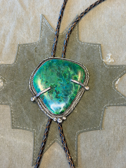 Southwestern Bolo Tie — Green Turquoise Cabochon, Silver Bezel