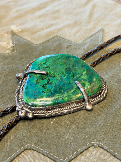 Southwestern Bolo Tie — Green Turquoise Cabochon, Silver Bezel