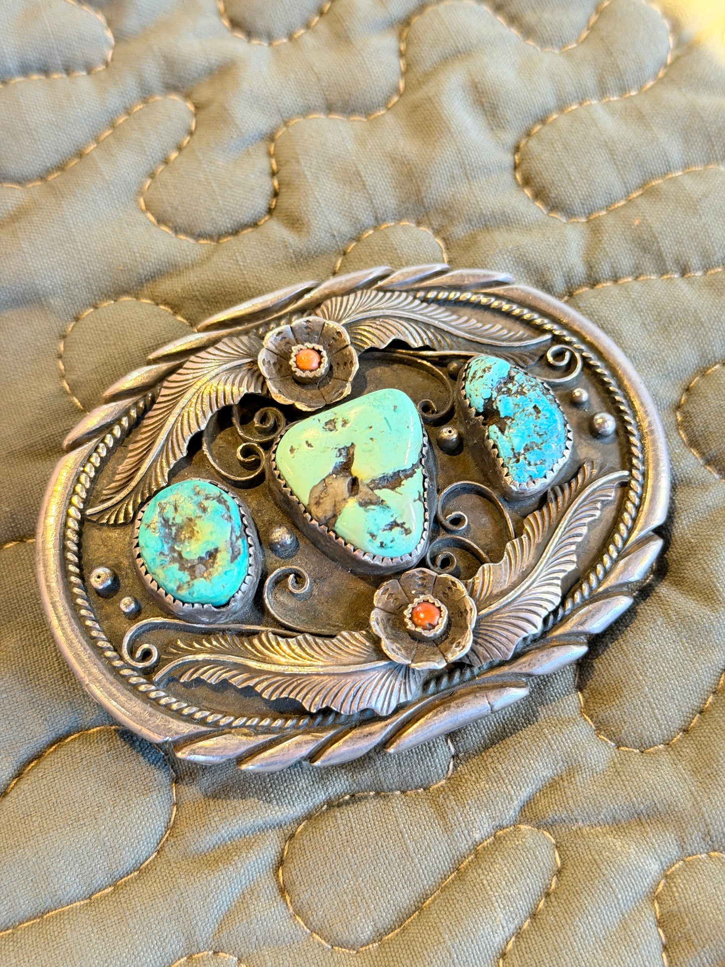 Sterling Turquoise Belt Buckle — Three-Stone Cluster, Coral Accents